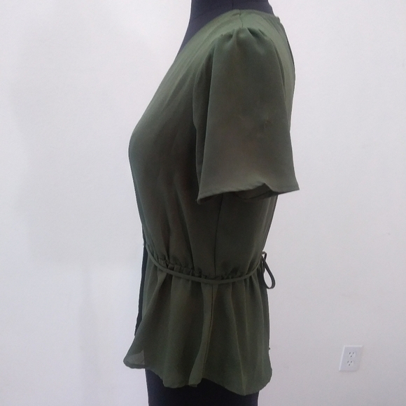 Lily White Wrap Style Sheer Polyester Career Blouse, Olive Green, Size XS - Picture 5 of 9